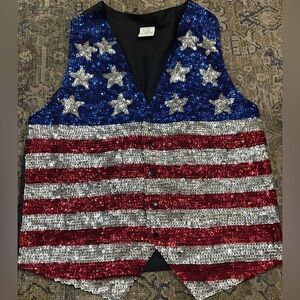 Vintage Sequin Vest Blue Silver Red Patriotic Sparkle Top Medium 80s 90s Glam